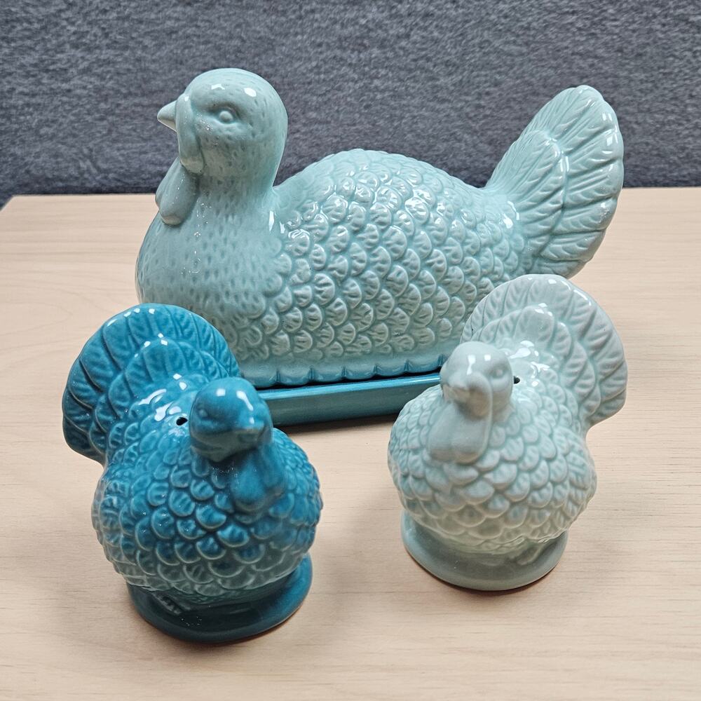 Retro Ceramic Thanksgiving Turkey Butter Dish & Salt Pepper Shaker Set Blue READ